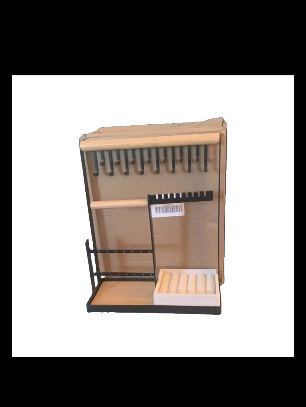 Wood and Black Jewelry Organizer with Cream Ring Roll by